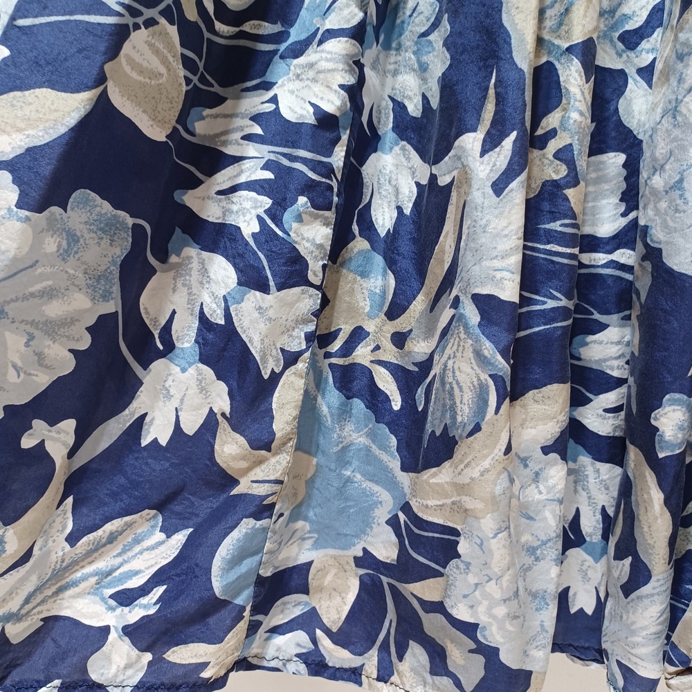 Silk Midi Skirt Womens M Blue Floral Elastic Waist Flowy Coastal Boho Resort - Picture 3 of 7